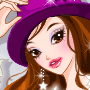 Рыжая девушка в сиреневой шляпке подмигивает; анимированная аватарка 90×90px